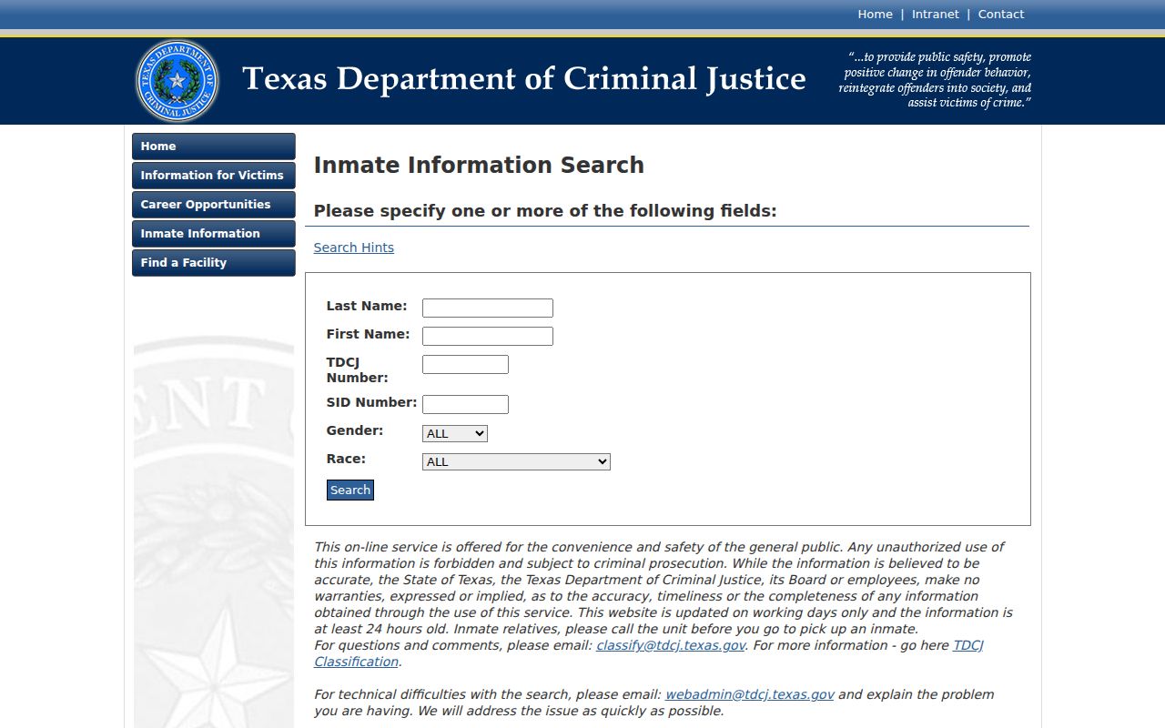 TDCJ inmate search after transfer from Victoria County custody