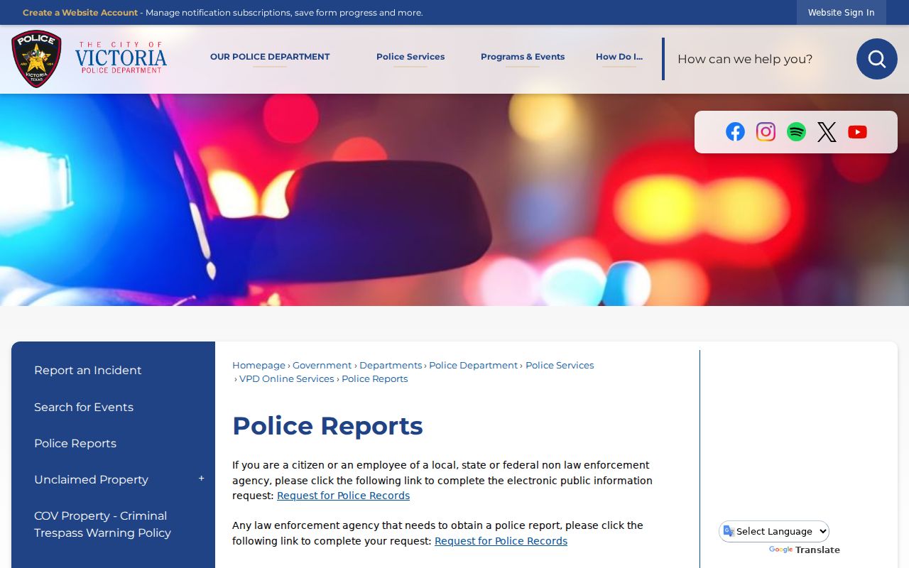 Victoria criminal records request page for city police reports