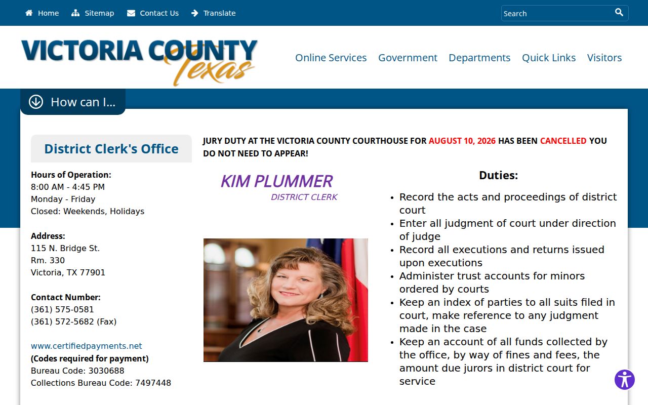 Victoria County court case lookup on the District Clerk page